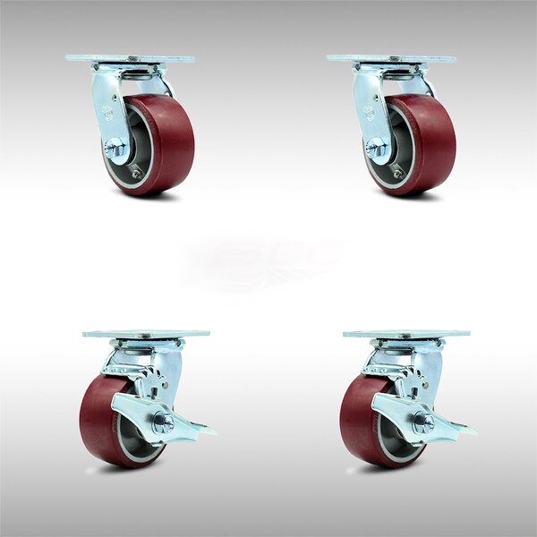 4 Inch SS Poly on Aluminum Swivel Caster Set with Roller Bearings 2 Brakes SCC